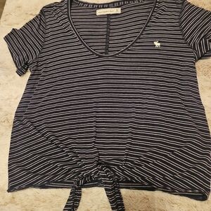 Abercrombie & Fitch Navy Blue and White Striped Short Sleeve Tee